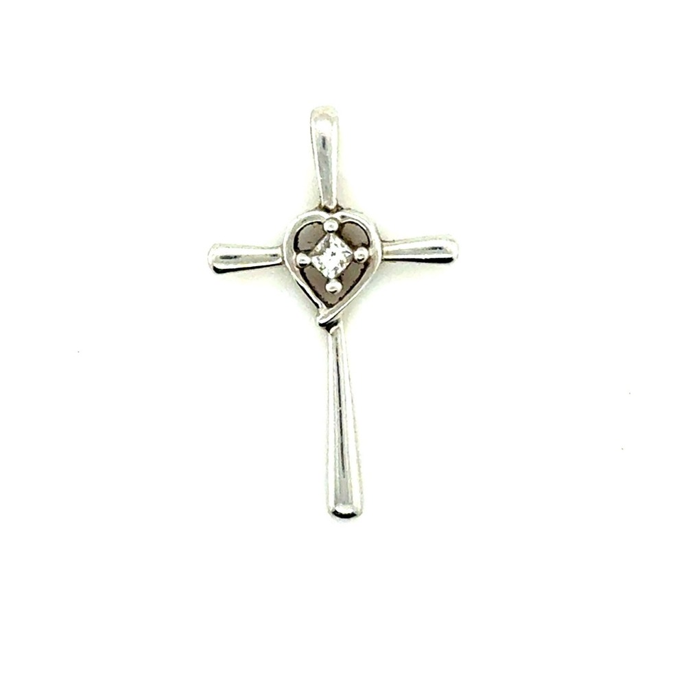 14k‎ White Gold Heart Cross Pendant Real Diamond Religious Charm 1g